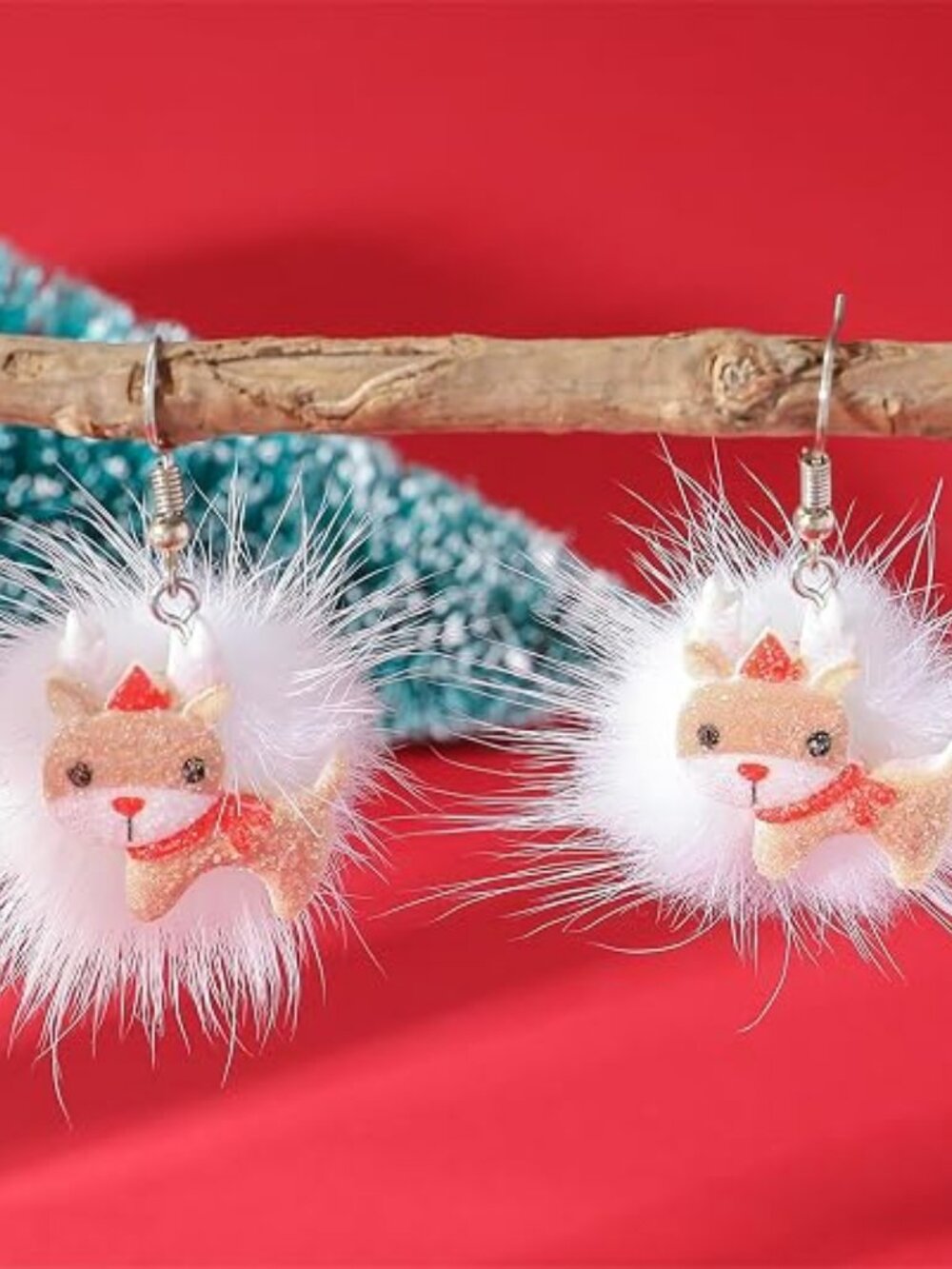 Christmas Furry Poms Earrings For Women Handmade Soft Plush Christmas Deer Snowm